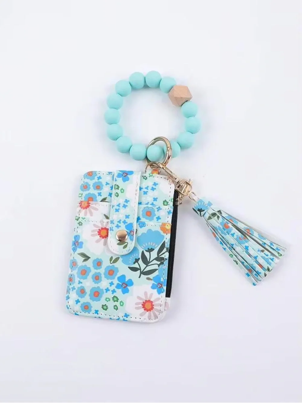 Floral Wristlet Card Holder with Mint Beaded Bracelet